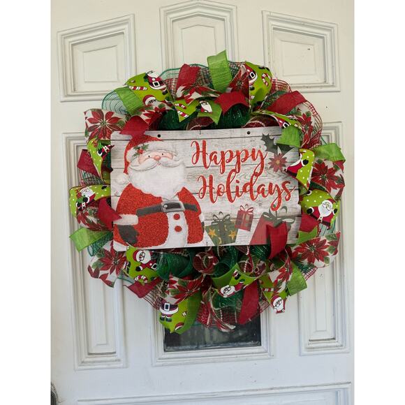 Handmade Santa Christmas Wreath Happy Holidays Sign Red Green White Ribbons xxx - Picture 1 of 7
